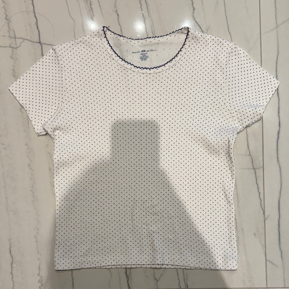 Brandy Melville- White and Navy Blue Polka Dot Cotton Tee - Brand New